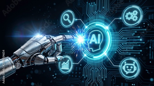 AI Technology Hand: A robotic hand touches the AI icon on a digital circuit board, symbolizing artificial intelligence and futuristic technology.