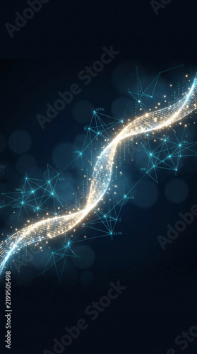 commercial stock background depicting artificial intelligence in quantitative trading and wealth management. A dynamic ribbon of glowing white and gold data dots twists diagonally across a dark 