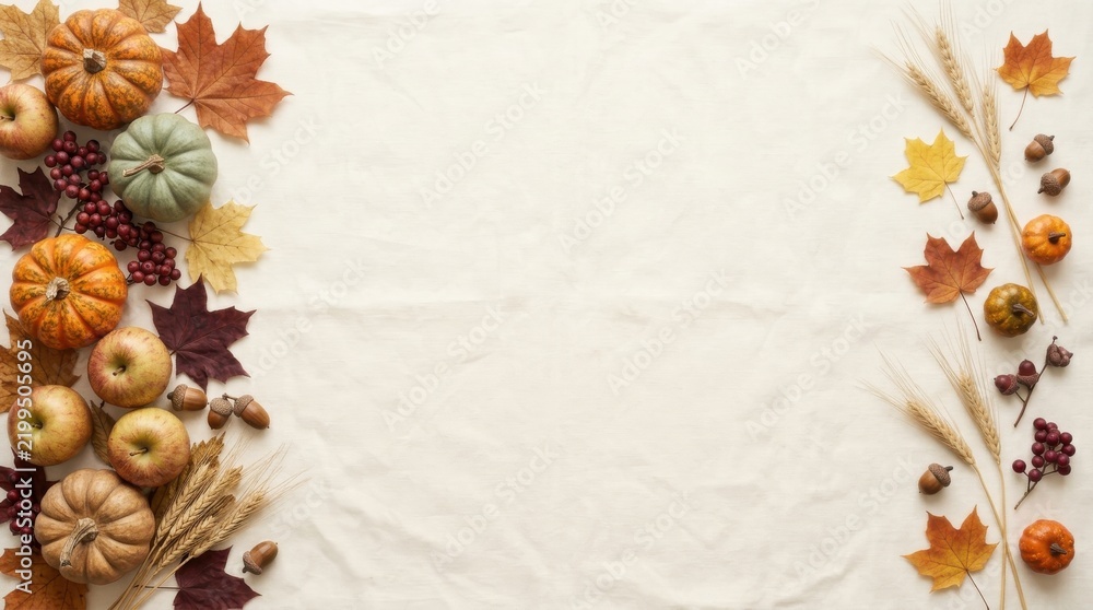 Fototapeta premium Thanksgiving Day flat lay background with pumpkins, apples, autumn leaves, and wheat on beige fabric texture