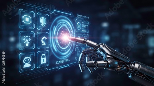 AI Touching Digital Interface: A robotic hand with intricate metallic fingers activates a glowing, futuristic digital interface, displaying various technological icons and data streams.