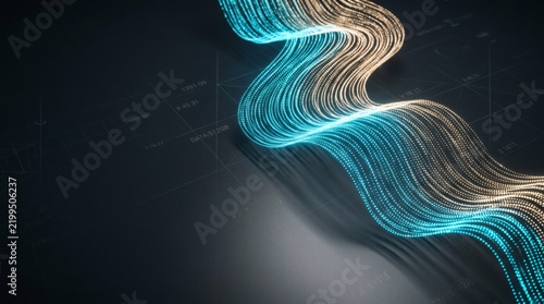 abstract stock photo showcasing a fluid ribbon of digital dots flowing like a river of data across a sleek corporate plane. The light particles shift smoothly from golden champagne to vibrant 