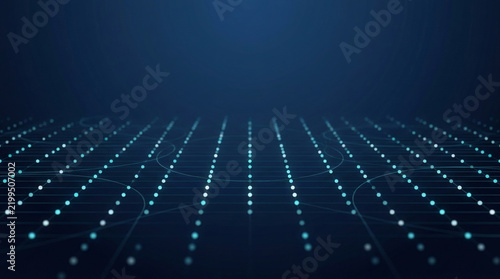 yet highly sophisticated fintech technology background featuring an orderly field of glowing data dots connected by subtle geometric lines and arcs. The network fades gradually into a deep blue 