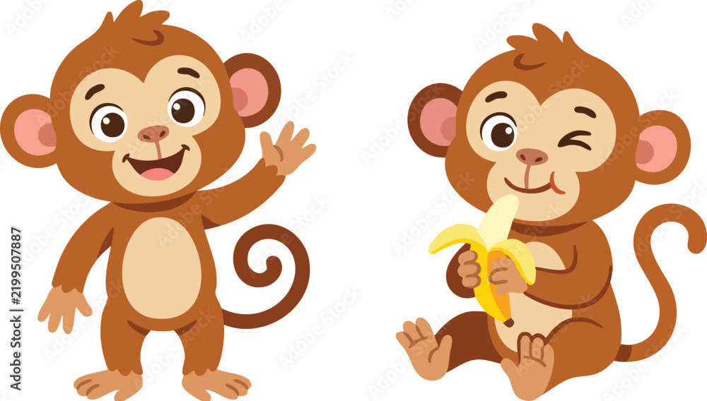 Fototapeta premium Cute Cartoon Monkey Characters with Banana and Waving Pose Isolated on White