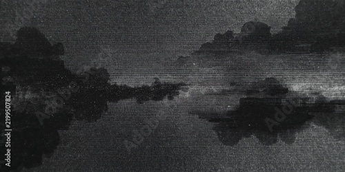 Abstract dark grunge background with horizontal scratched texture and soft smoky ink stains in black and grey tones