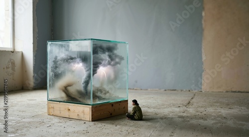 Tiny person watching a contained storm inside a glass cube. Surreal concept of climate anxiety and feeling overwhelmed by environmental crisis