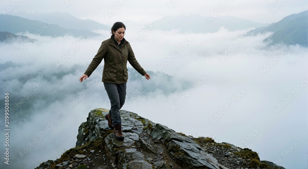 Obraz premium Young woman carefully walking on narrow rocky cliff above fog. Metaphor for uncertainty, balance, and anxiety
