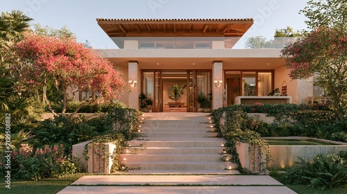 Modern house with clean lines, surrounded by lush greenery and flowering trees, featuring wide stairs leading to a large wooden door.