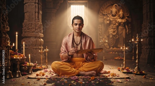 Devotional Serenity: A young Brahmin monk in traditional attire sits in deep meditation within an ancient temple, surrounded by flickering diyas, floral offerings, and divine idols.