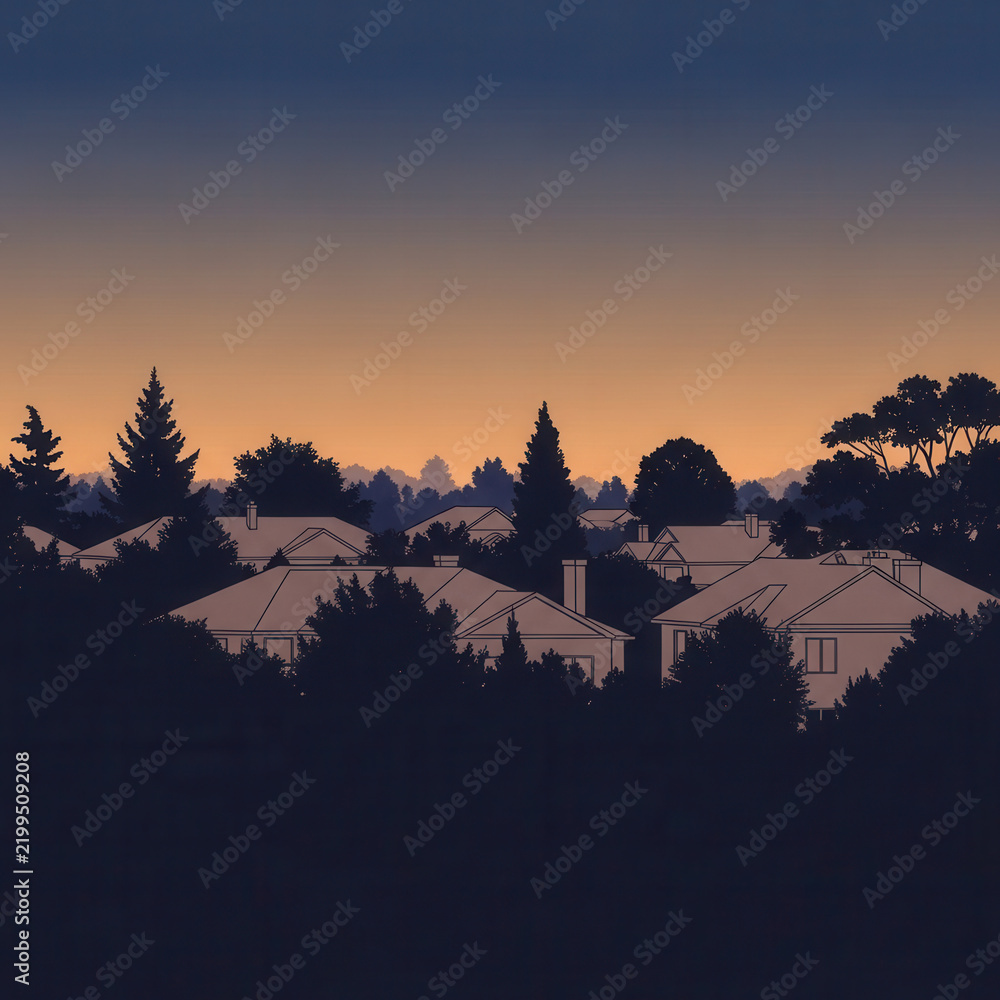 Obraz premium Serene Suburban Sunset Over Peaceful Neighborhood Landscape