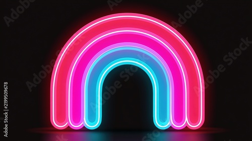 Neon pink and blue glowing arches form a vibrant rainbow shape against a black background, creating a striking modern light art installation.