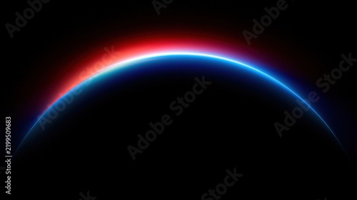 A glowing blue and red crescent resembling a sunrise or planetary horizon against a black background.