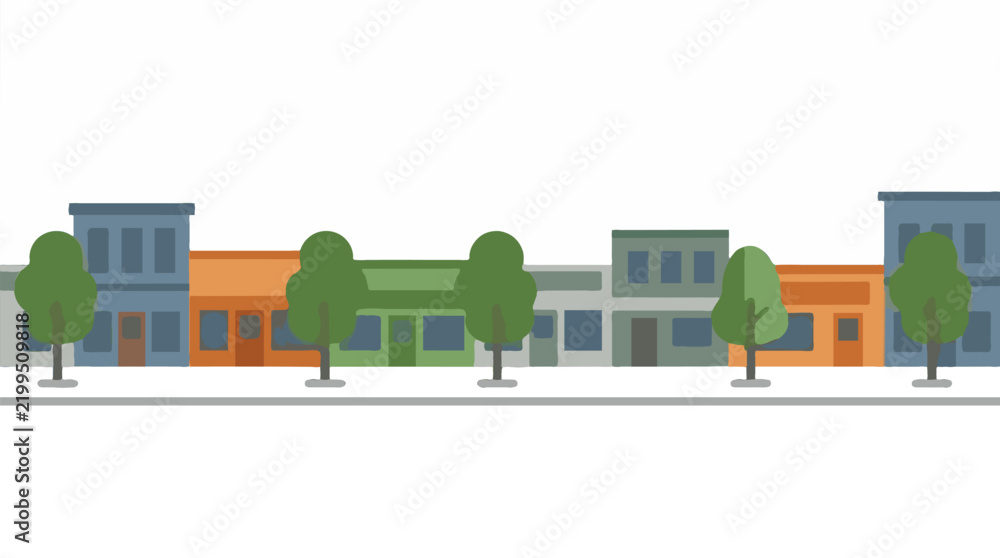Obraz premium Simplified flat design vector illustration of a row of colorful urban storefronts with trees and a sidewalk, isolated on white