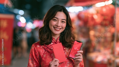 A smiling woman in a red traditional dress holds a red envelope and smartphone with a festive background, celebrating a cultural event.