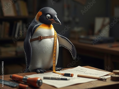 Anthropomorphic king penguin tailor with measuring tape designing a sketch in a cozy workshop