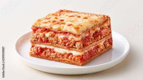 A close-up of a square slice of classic lasagna on a white plate with layers of meat, tomato sauce, and melted cheese.