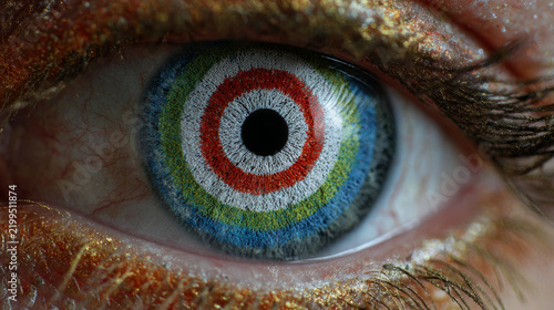 Close-Up of Colorful Human Eye with Target Reflection, Vision, Focus and Precision Concept