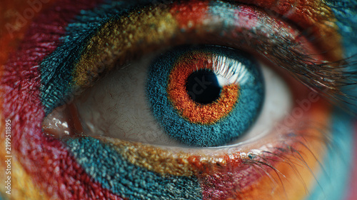 Close-Up of Colorful Human Eye with Target Reflection, Vision, Focus and Precision Concept