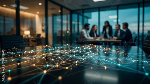 Futuristic workplace concept featuring a digital network design and people interacting in a blurred office.