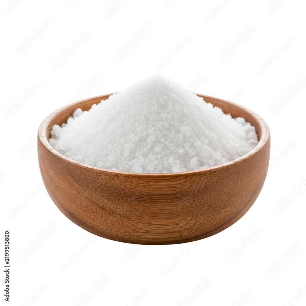 Fototapeta premium Heap of white coarse sea salt piled inside a rustic wooden bowl on white