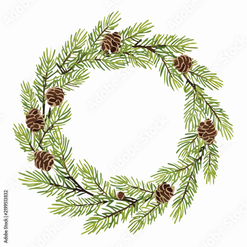 Christmas Evergreen Wreath with Pine Branches and Pinecones – Botanical Holiday Vector Illustration