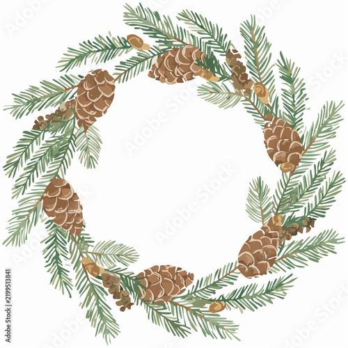 Christmas Evergreen Wreath with Pine Branches and Pinecones – Botanical Holiday Vector Illustration