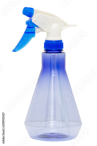 A clear plastic spray bottle with a blue trigger and nozzle, designed for dispensing liquids.