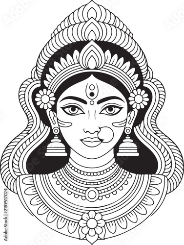 Line art illustration of goddess Durga portrait with traditional Indian jewelry and decorative head