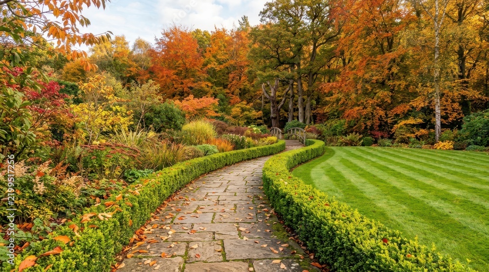 Obraz premium Curving stone pathway alongside a manicured lawn and lush garden in fall colors.