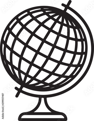 Simple black and white line art vector icon of a spinning classroom globe