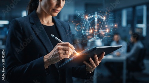 Digital Justice: A woman in a sharp suit uses a tablet with a glowing holographic scale of justice superimposed, representing the intersection of law and technology.