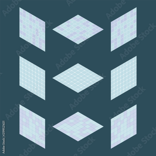 Cool tone grid line pattern isometric floor set. Vector illustration.