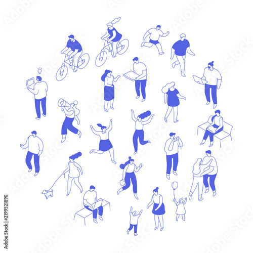 Isometric people set monochrome flat vector isolated on white background. Line art crowd of men, women and children outdoors