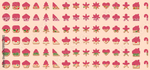 Cookie Christmas Day pink chocolate coating set. Vector illustration.