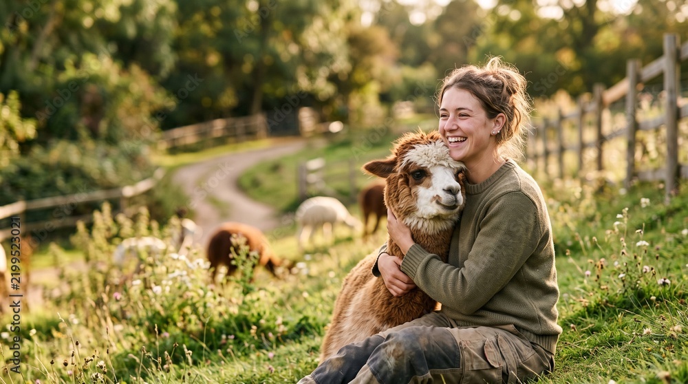 Fototapeta premium Happy woman hugging alpaca on farm with trees and fence