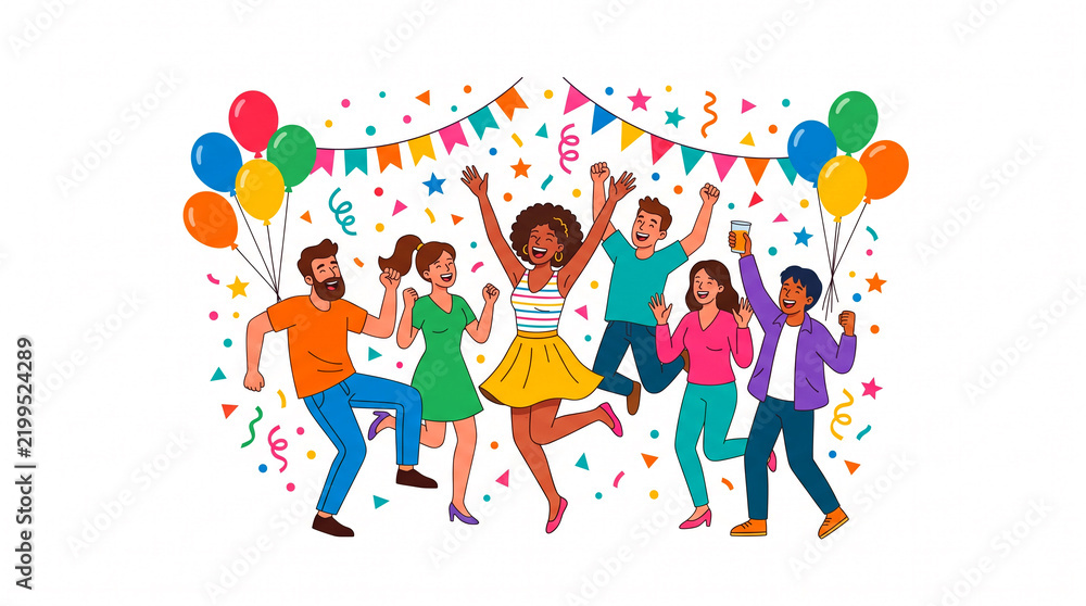 Fototapeta premium Diverse group of happy friends celebrating with balloons and confetti