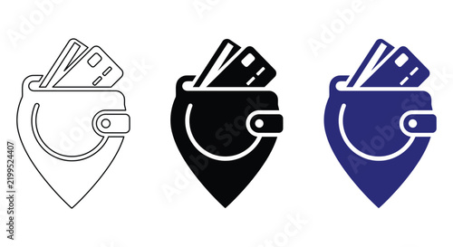 Trio of minimalist wallet and map pin hybrid icons for localized digital payments and fintech applications

