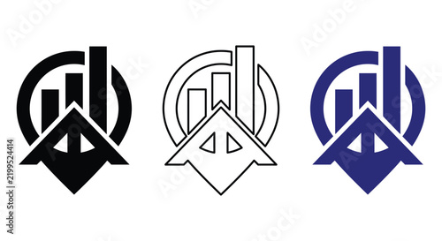 Three professional real estate icons merging house rooftops with circular bar charts for growth analysis

