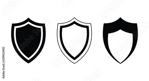Minimalist set of three black and white shield icons representing cybersecurity, safety, and heraldic protection

