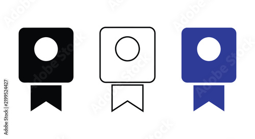 MobileSet of modern square ribbon award icons in black solid outline and blue for interface design

