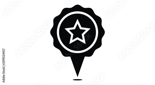 Bold black location marker featuring a star insignia within a scalloped circular badge element

