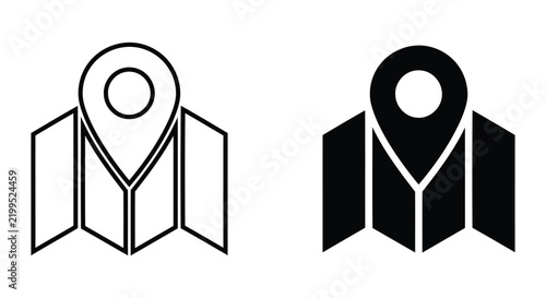 Minimalist location pin and folded map navigation icons in outline and solid black graphic styles

