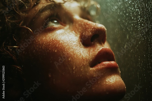 A portrait of a person with their face upturned