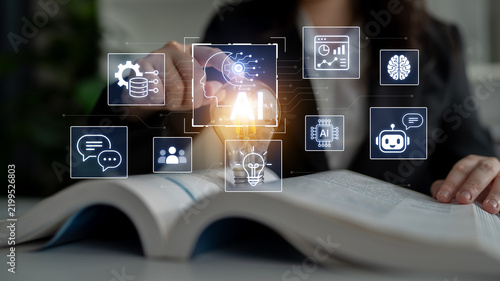 A woman focuses on a book while interacting with digital icons symbolizing innovation and knowledge, featuring a light bulb that represents bright ideas and growth in technology. Nascent