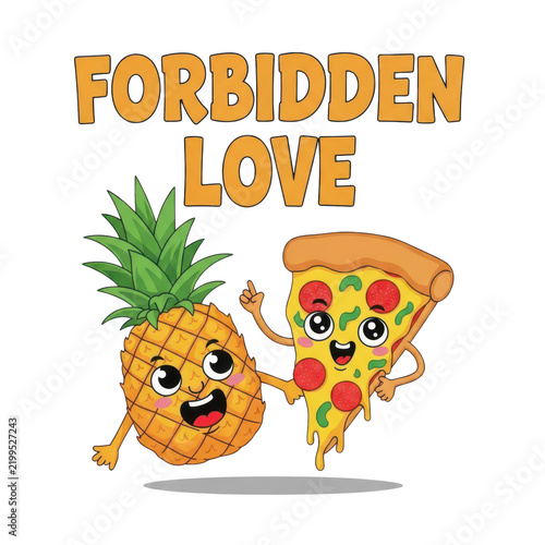 Cartoon pineapple and pizza slice hugging forbidden love