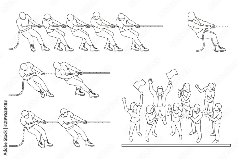 Obraz premium Vector line drawing set of people competing in a team tug-of-war sport match