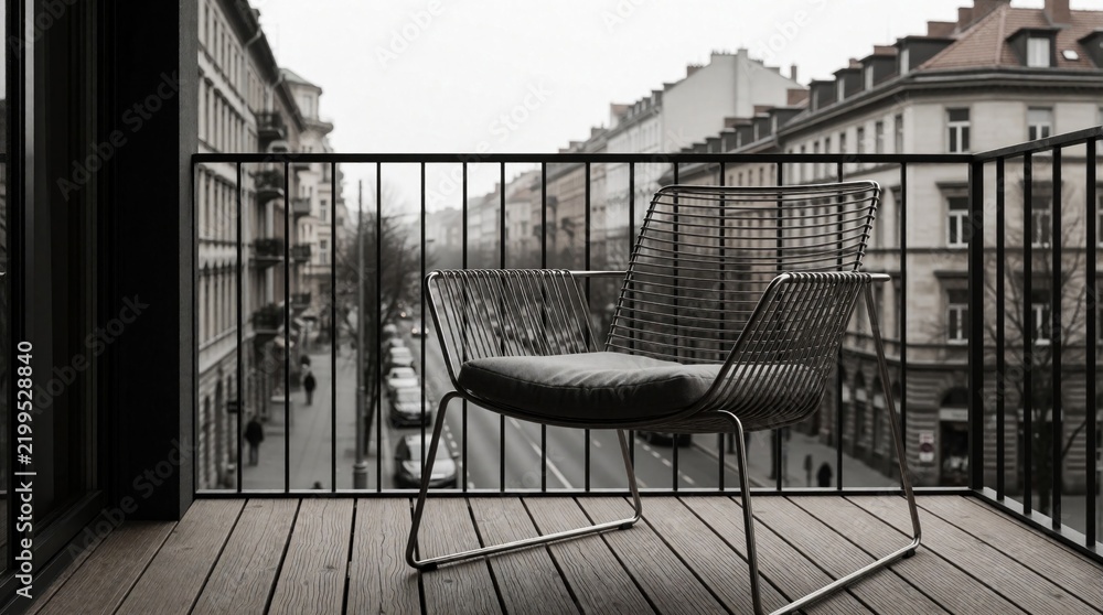 Fototapeta premium Minimalist wire armchair on wooden balcony overlooks busy city street with buildings. Modern outdoor furniture provides urban living space and quiet city view.