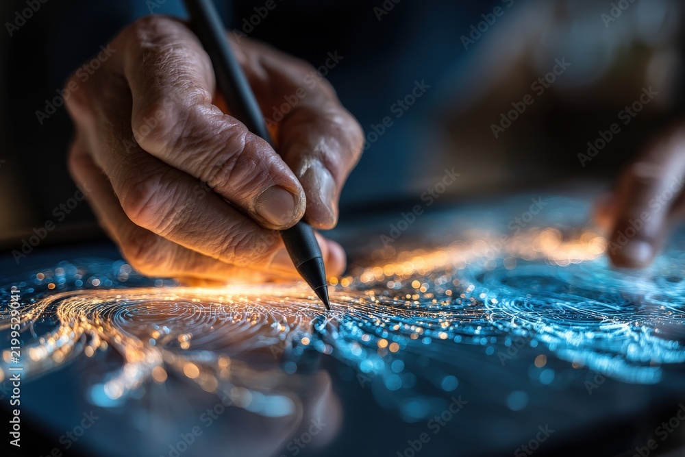 Fototapeta premium Close-up of a hand using a digital stylus on a transparent glass tablet, glowing creative interface.