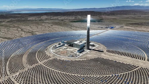 Aerial view of molten salt tower solar thermal power plant in desert