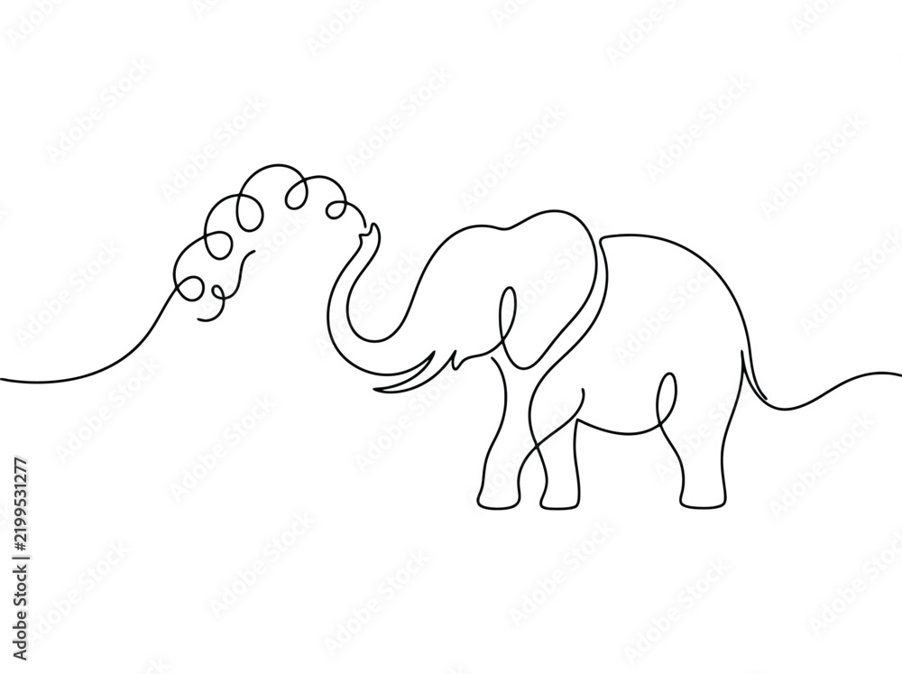 Fototapeta premium An abstract continuous line drawing of an elephant spraying water with a playful mood against a white background