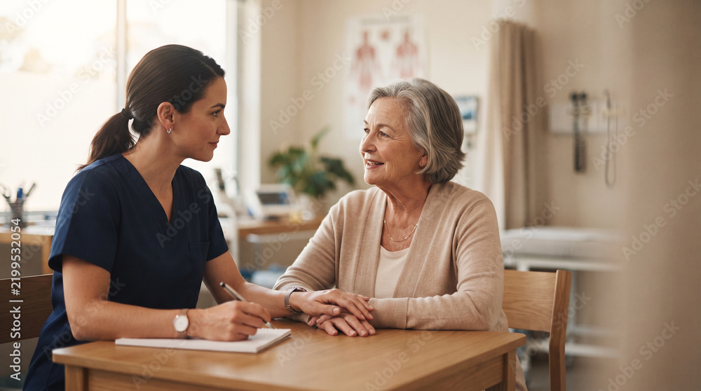 Fototapeta premium Nurse taking notes while consulting with senior female patient in clinic